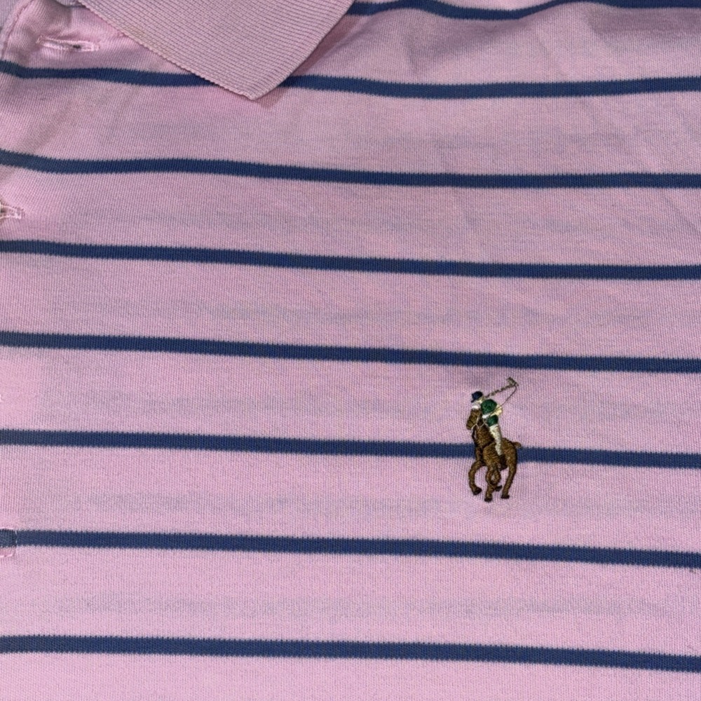 Polo Ralph Lauren Mens Large Classic Fit Pink Navy Blue Striped Polo Shirt LG - Picture 3 of 7